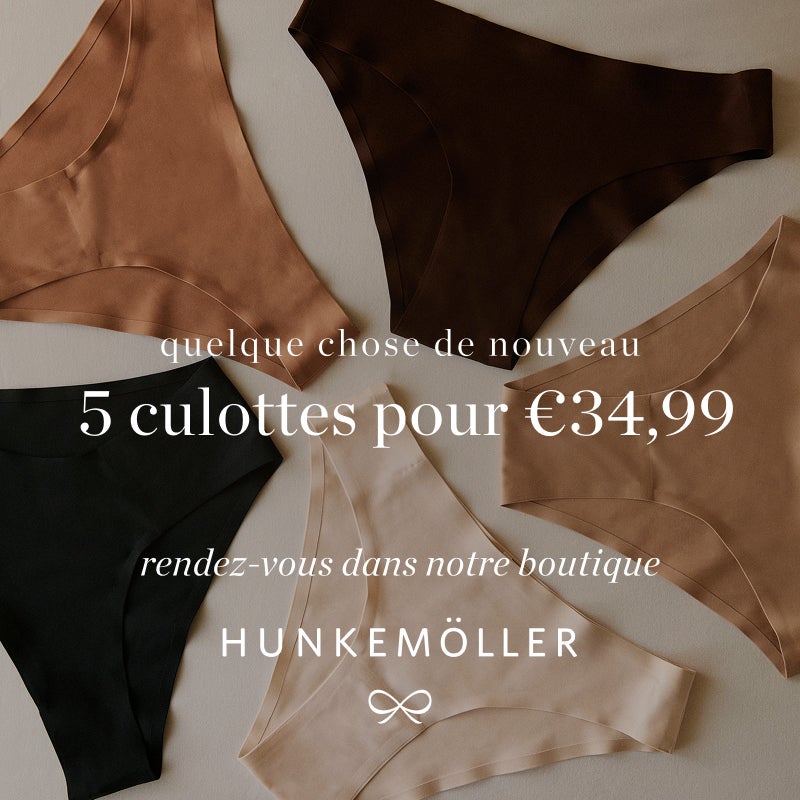 Cinq culottes Hunkemöller de différentes couleurs avec offre promotionnelle 5 culottes pour 34,99 euros