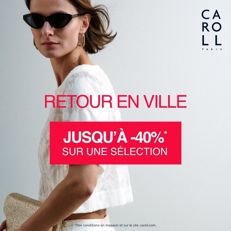 Femme portant des lunettes de soleil et un haut blanc, offre Caroll Paris jusqu'à -40% sur une sélection