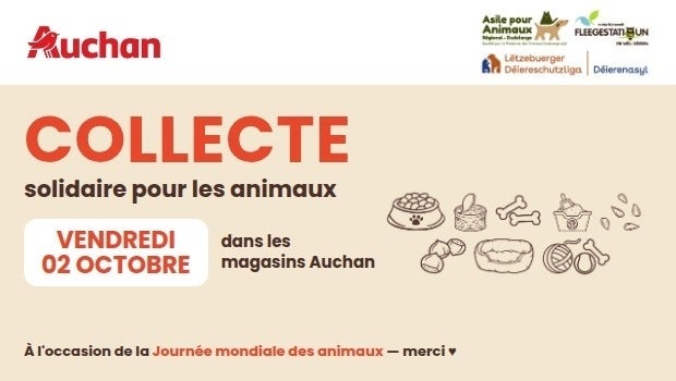 Collecte solidaire pour les animaux le 2 octobre à Auchan Kirchberg
